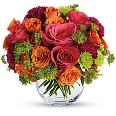 <div id="mark-2" class="m-pdp-tabs-marketing-description">Show your romantic side by

<hr />

sending this gorgeous bouquet of hot pink roses, orange spray roses and other fabulous faves in a charming glass bubble bowl. She'll love the gift, and you for having such amazingly good taste.</div>
<div id="desc-2">
<ul>
 	<li>This enchanting bouquet includes hot pink roses, orange spray roses, green button spray chrysanthemums, purple carnations and bupleurum.</li>
</ul>
</div>