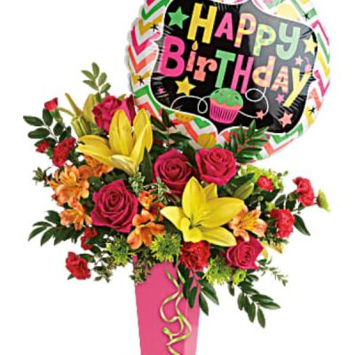 <div class="m-pdp-tabs-description">
<div id="mark-2" class="m-pdp-tabs-marketing-description">No birthday bash is complete without a surprise delivery of beautiful blooms! This festive bouquet of hot pink roses and sunny yellow lilies is topped with a fun Happy Birthday balloon for a gift they'll never forget.</div>
</div>
<p id="arrngDescp">This celebratory arrangement includes hot pink roses, yellow asiatic lilies, orange alstroemeria, red miniature carnations, green button spray chrysanthemums, huckleberry, and oregonia. Delivered in a raspberry tapered vase</p>